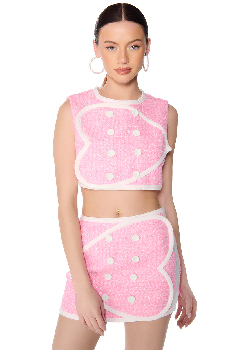 Side View Double Heart Pink Tweed Vest