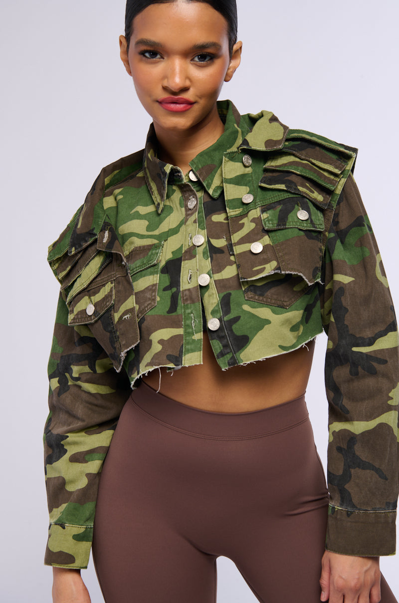 Side View Double Trouble Crop Camo Denim Jacket