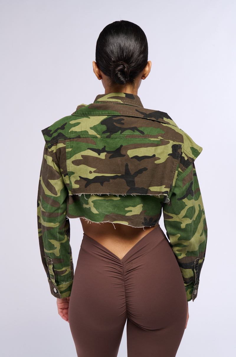 Detail View Double Trouble Crop Camo Denim Jacket