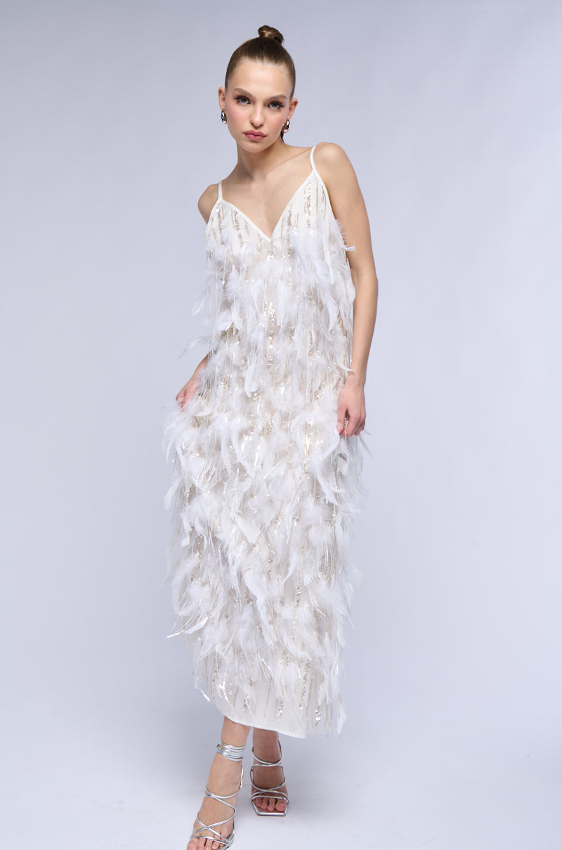 DREAM GIRL FEATHER EMBELLISHED MAXI DRESS AKIRA DREAM GIRL FEATHER EMBELLISHED MAXI DRESS AKIRA