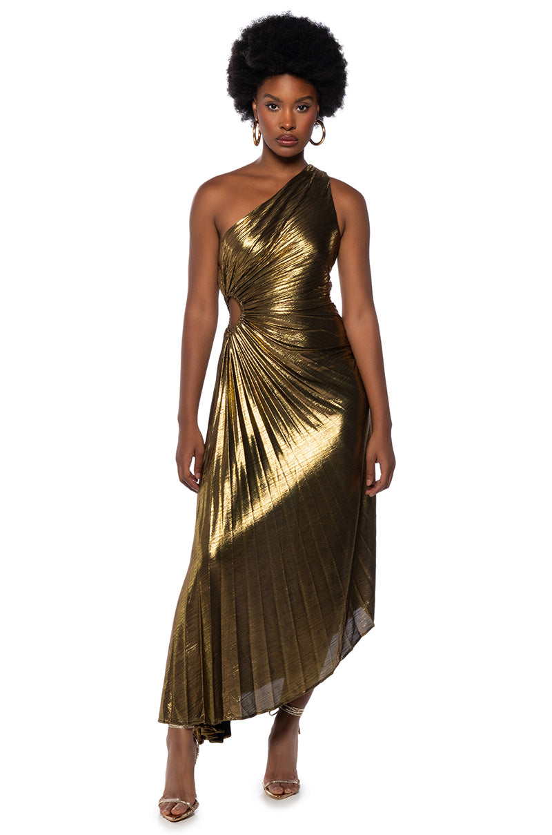 ELEVATE ME PLEATED CUT OUT METALLIC MIDI DRESS AKIRA ELEVATE ME PLEATED CUT OUT METALLIC MIDI DRESS AKIRA