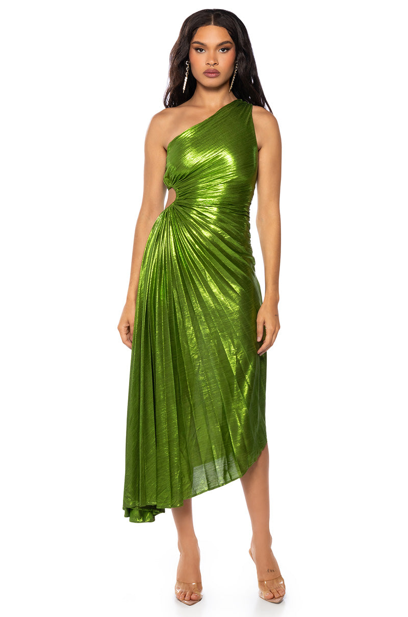 ELEVATE ME PLEATED CUT OUT METALLIC MIDI DRESS AKIRA ELEVATE ME PLEATED CUT OUT METALLIC MIDI DRESS AKIRA