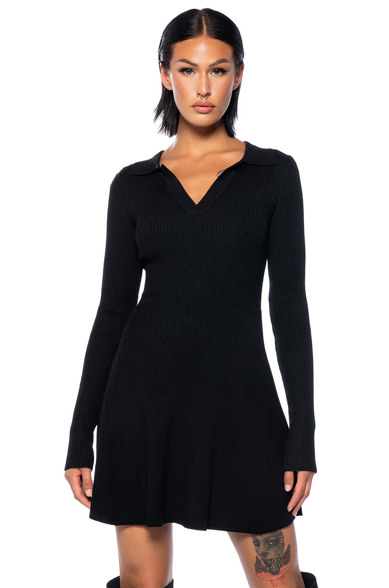 collared sweater mini dress Soft Serenity Black And Ivory Collared Sweater Mini Dress