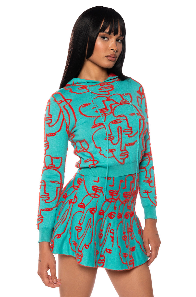 Front View Faces And Places Reversible Knit Hoodie