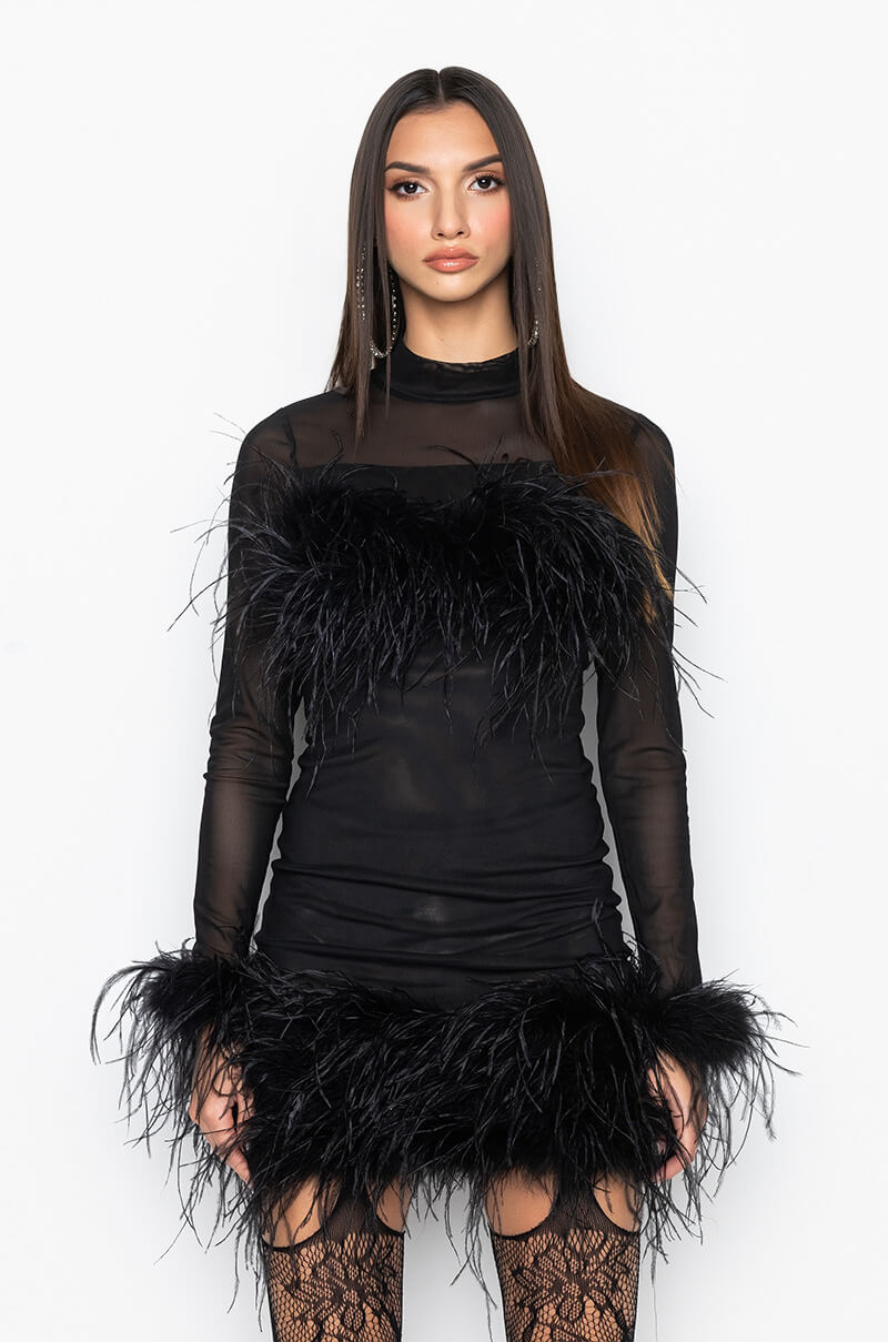 FLOAT AWAY REAL FEATHER MESH MINI DRESS BLACK view 0
