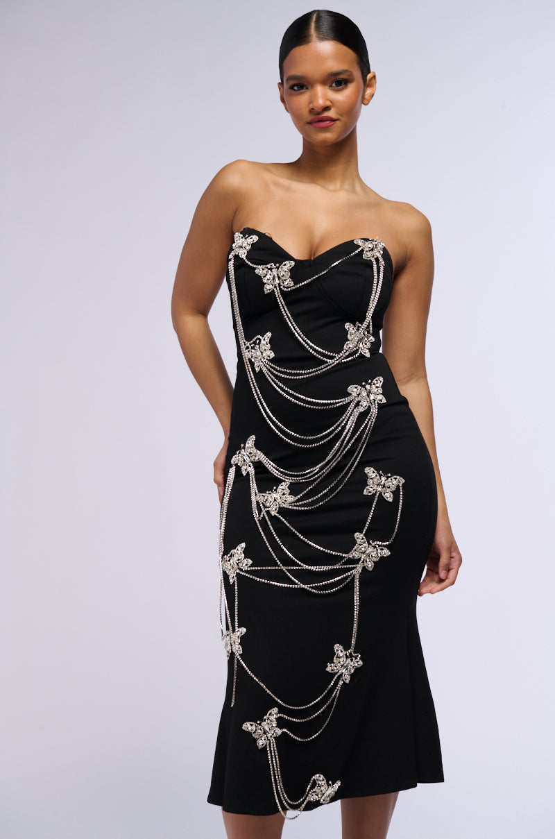 FLY AWAY BUTTERFLY EMBELLISHED MIDI DRESS AKIRA FLY AWAY BUTTERFLY EMBELLISHED MIDI DRESS AKIRA