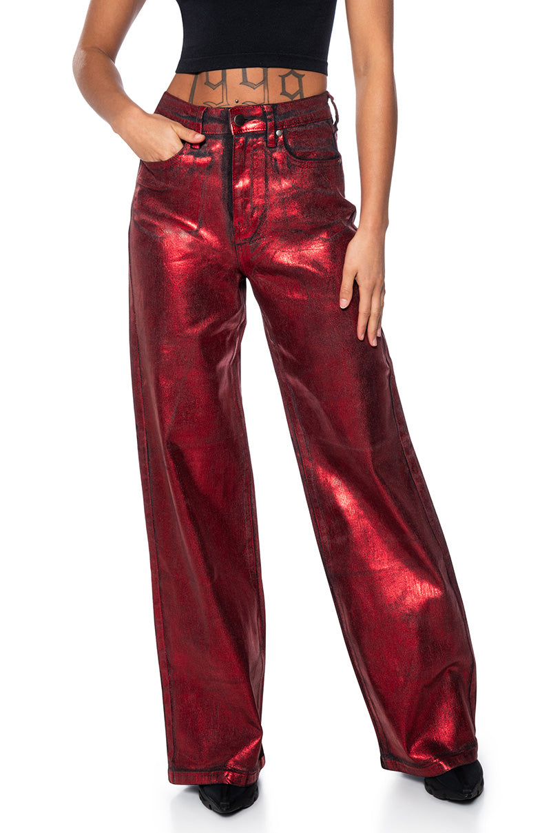 Motel Rocks Red Leather Flared Trousers Ready Waiting Black
