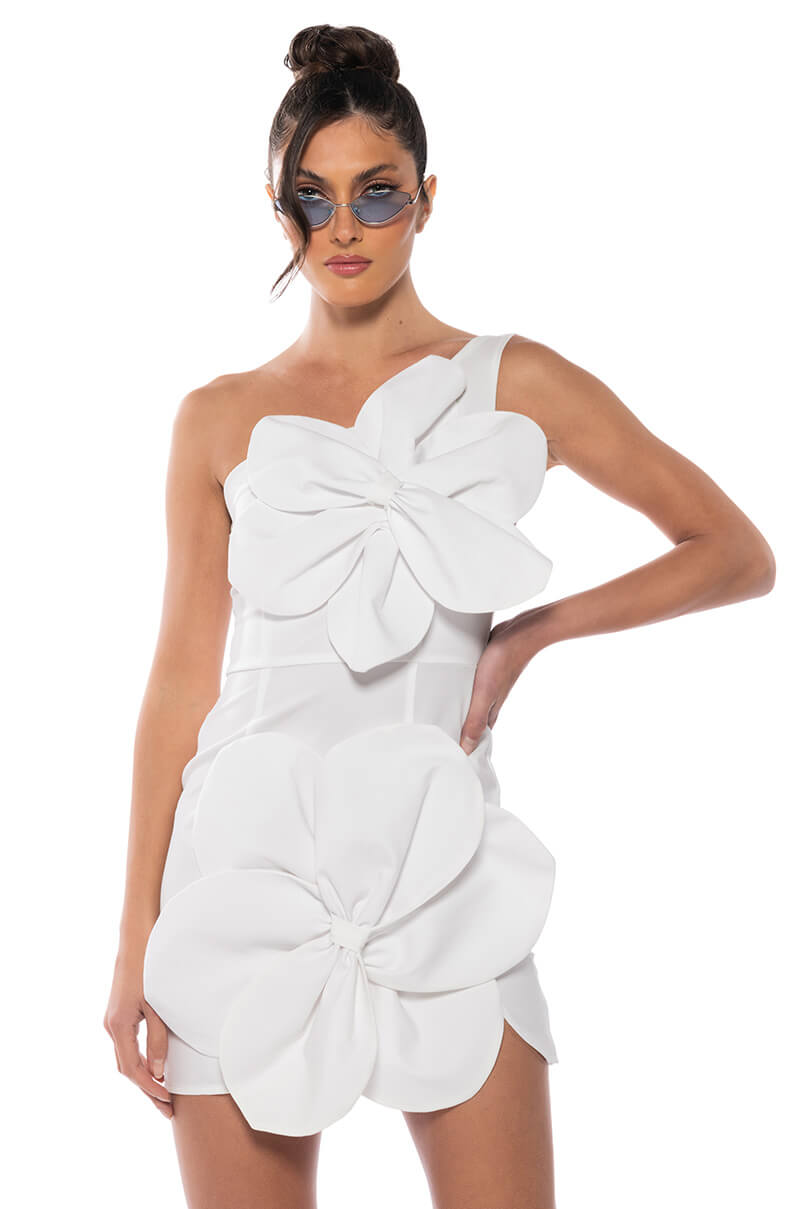 GEMMA FLORAL DETAIL ONE SHOULDER MINI DRESS AKIRA GEMMA FLORAL DETAIL ONE SHOULDER MINI DRESS AKIRA