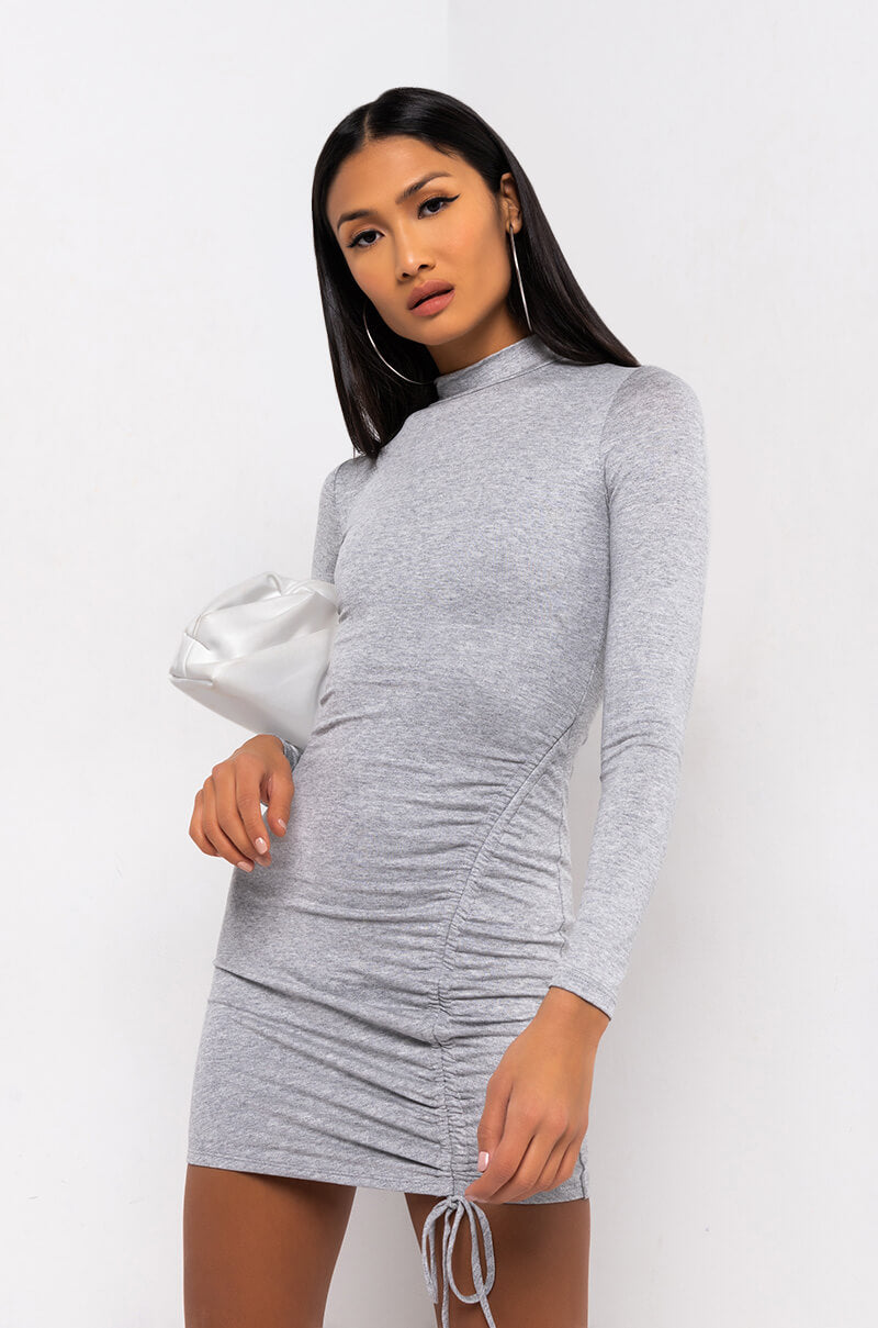 GET ON MY LEVEL LONG SLEEVE DRAWSTRING MINI DRESS HEATHER GREY AKIRA GET ON MY LEVEL LONG SLEEVE DRAWSTRING MINI DRESS HEATHER GREY AKIRA