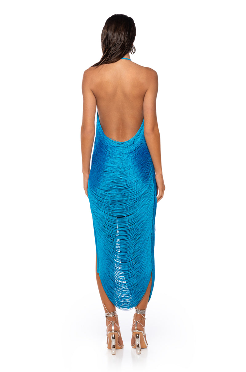 Extra View Gianina Fringed Cowl Neck Maxi Dress In Blue