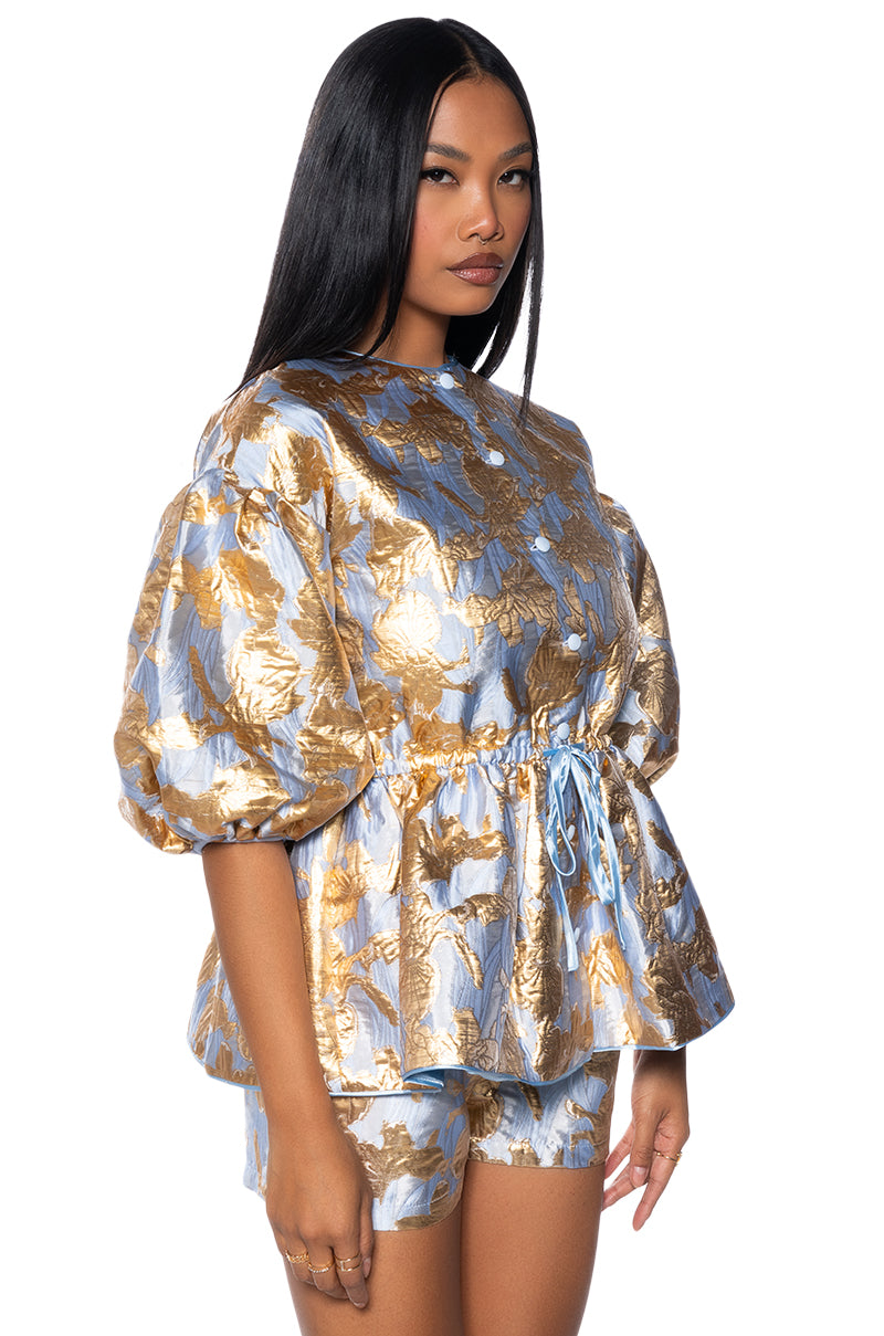 Side View Gilded Roses Brocade Blouse