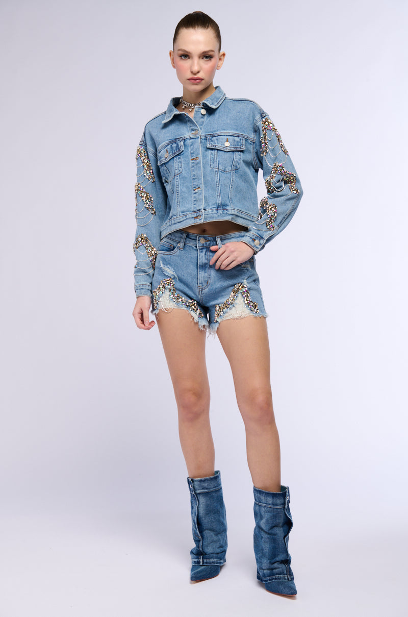 Extra View Glamorous Life Rhinestone Jean Shorts