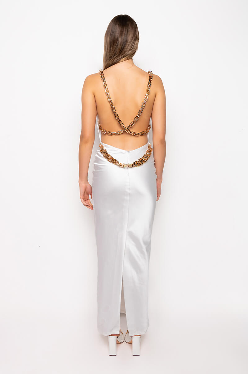 Full View Golden Baby Maxi Satin Dress With Gold Chain Trim