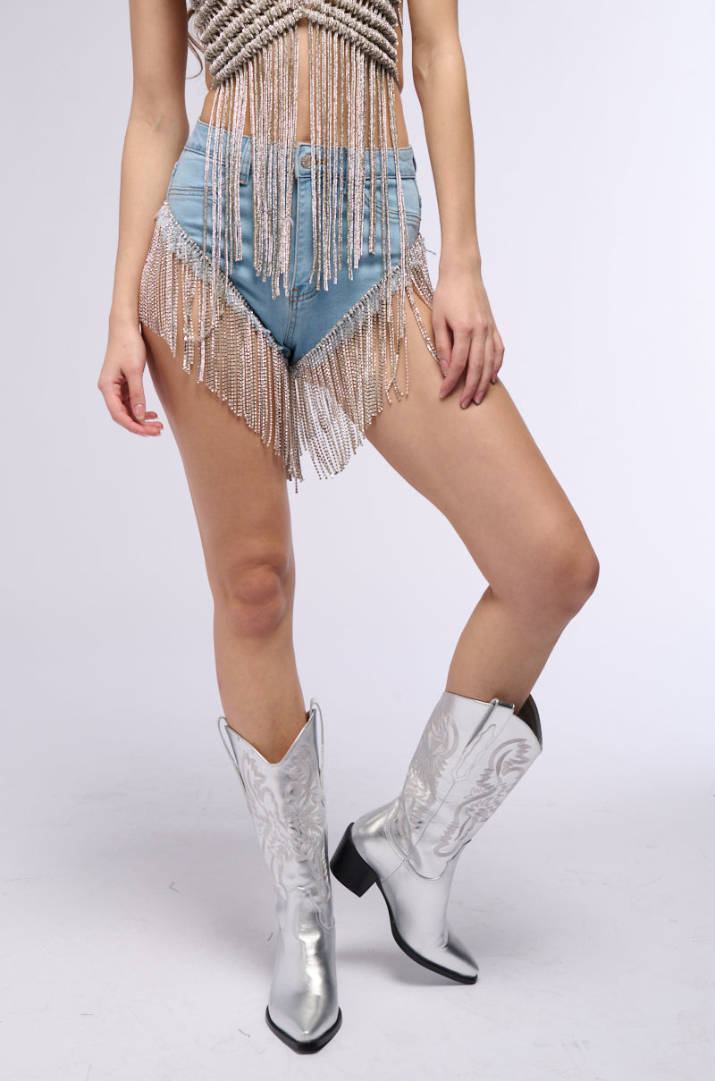 GONNA LOVE ME WATERFALL RHINESTONE DENIM SHORT view 0
