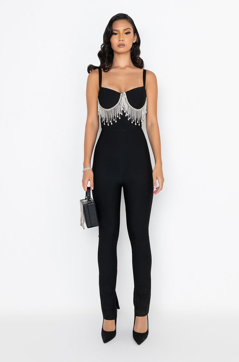 Side View Got It Good Bandage Jumpsuit With Rhinestone Fringe