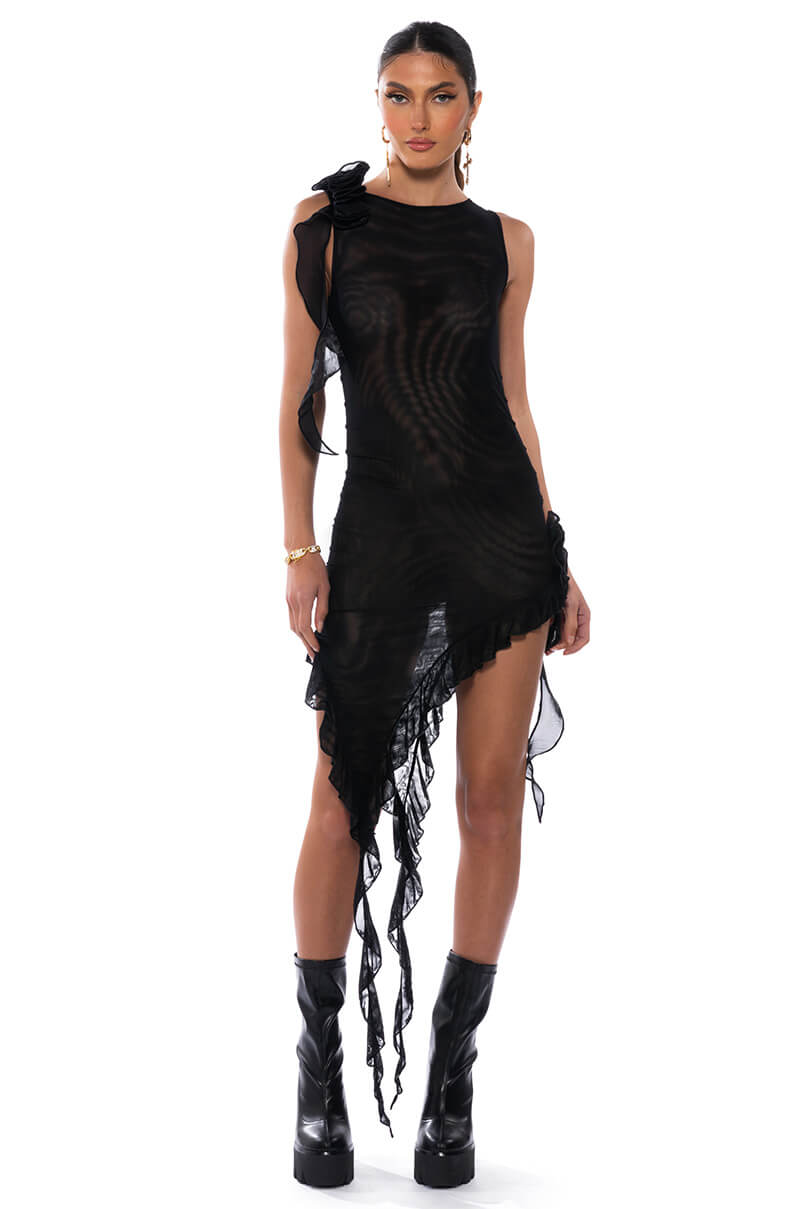 HAILEY SLEEVELESS ASYMMETRICAL RUFFLE MESH MIDI DRESS AKIRA HAILEY SLEEVELESS ASYMMETRICAL RUFFLE MESH MIDI DRESS AKIRA