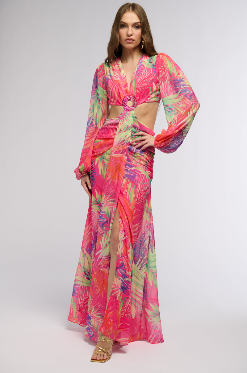 HEART OF PALM PRINTED MAXI DRESS IN PINK MULTI AKIRA HEART OF PALM PRINTED MAXI DRESS IN PINK MULTI AKIRA