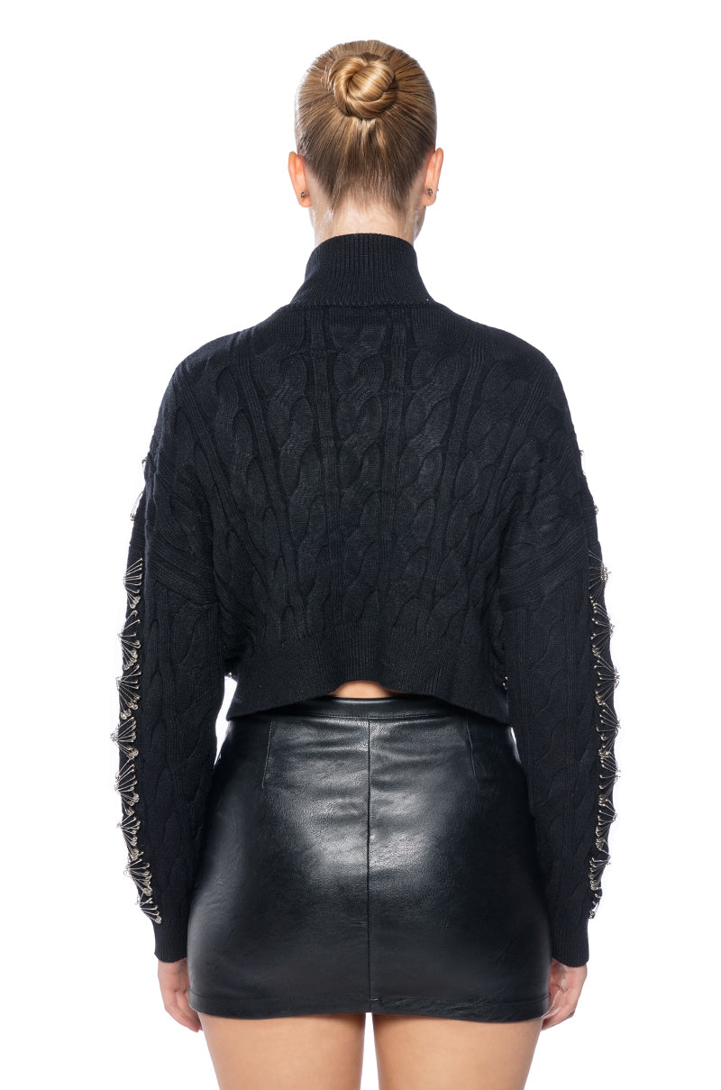 Full View His Loss Safety Pin Detail Cropped Cutout Sweater