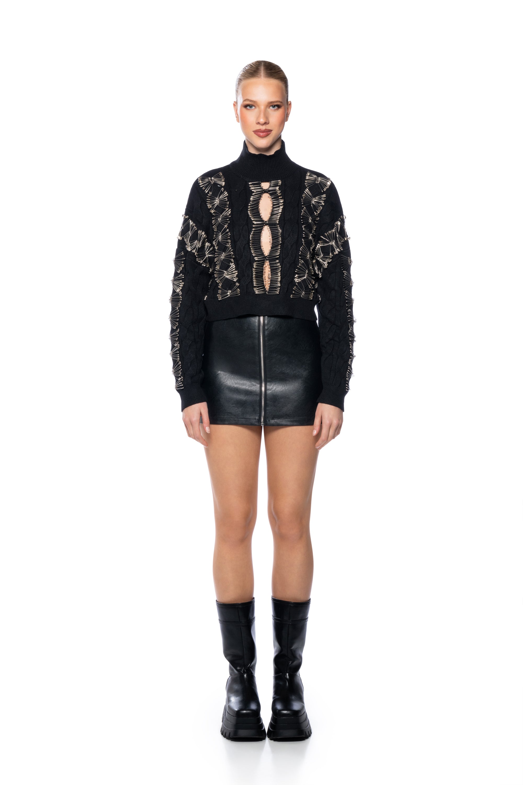 Extra View His Loss Safety Pin Detail Cropped Cutout Sweater