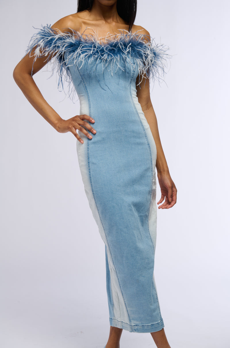 HIT THE TOWN FEATHER TRIM DENIM MAXI DRESS AKIRA HIT THE TOWN FEATHER TRIM DENIM MAXI DRESS AKIRA