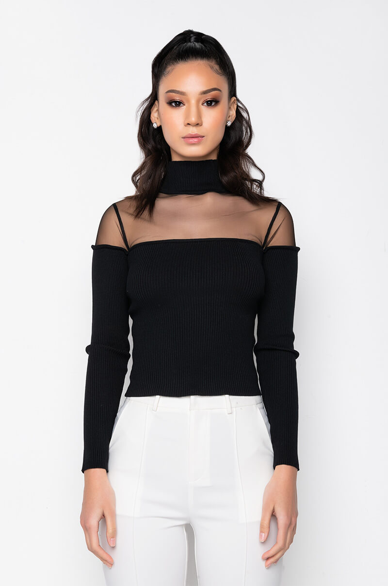 Detail View Illusion Mesh Panel Turtleneck Sweater