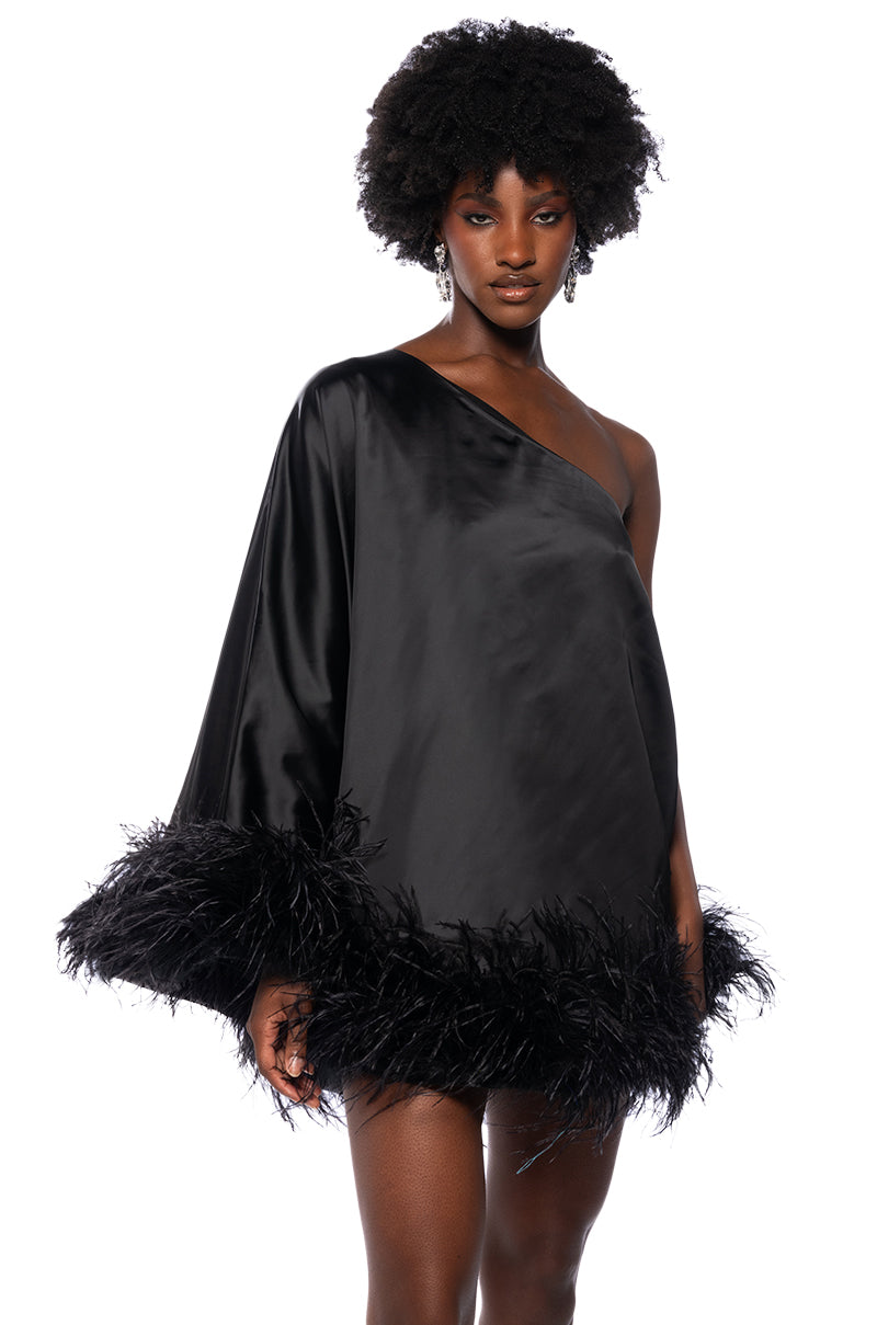 ISNT IT LOVELY ONE SHOULDER FEATHER HEM MINI DRESS IN BLACK AKIRA ISNT IT LOVELY ONE SHOULDER FEATHER HEM MINI DRESS IN BLACK AKIRA