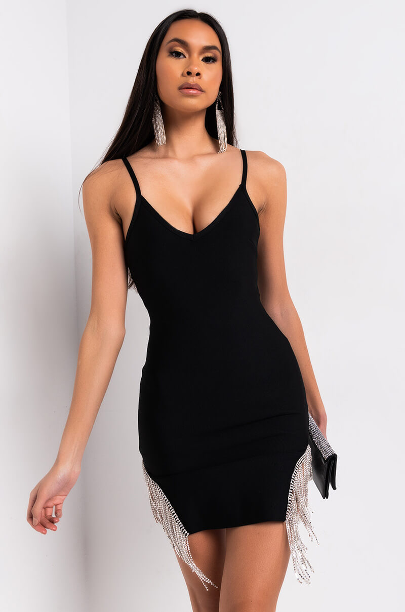 IT'S THE FRINGE FOR ME MINI DRESS WITH FRINGE RHINESTONE TRIM BLACK AKIRA IT'S THE FRINGE FOR ME MINI DRESS WITH FRINGE RHINESTONE TRIM BLACK AKIRA
