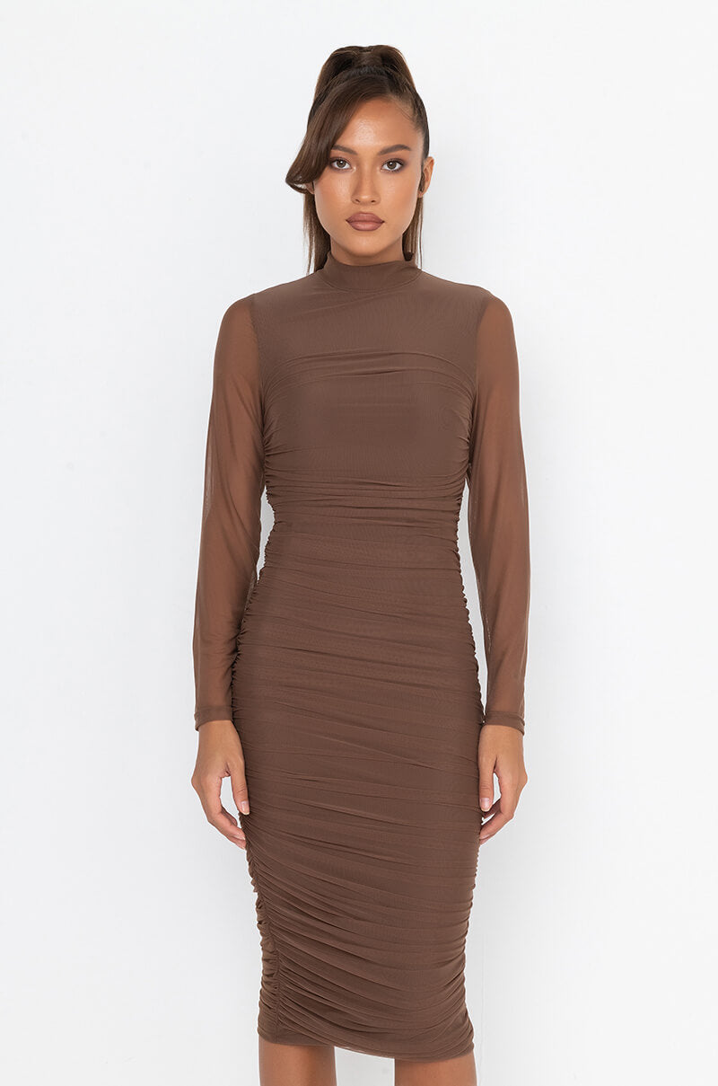 KEEP IT LOW KEY LONG SLEEVE MIDI RUCHED DRESS BROWN AKIRA KEEP IT LOW KEY LONG SLEEVE MIDI RUCHED DRESS BROWN AKIRA