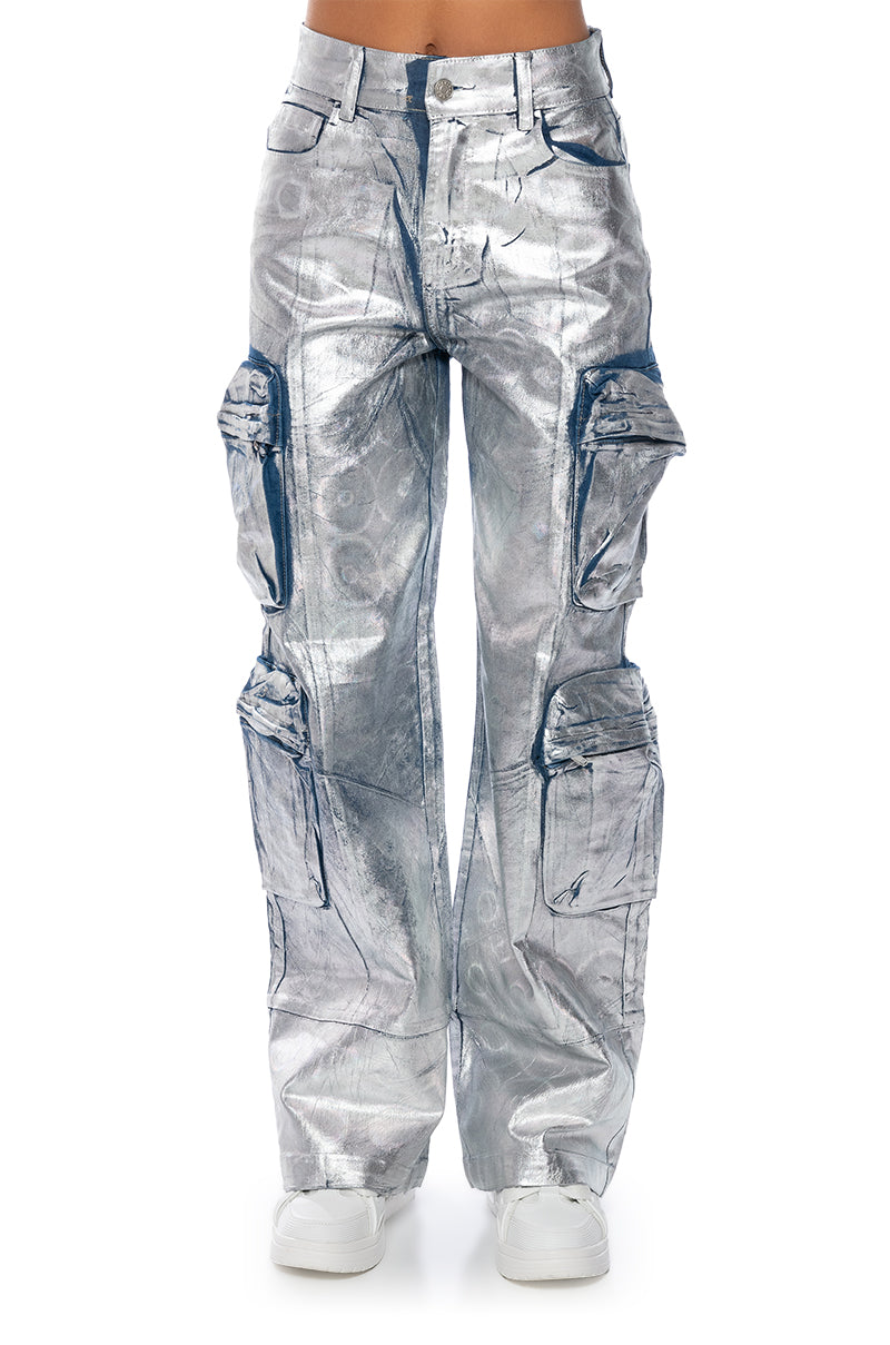 Extra View Lead The Way Brushed Metallic Cargo Pants In Silver