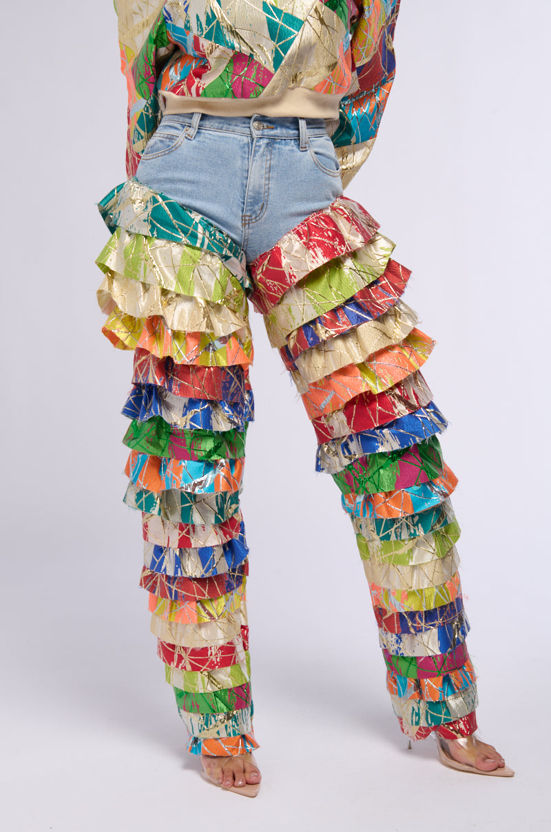 LIFE IS BUT A DREAM BROCADE RUFFLE DENIM JEANS view 0
