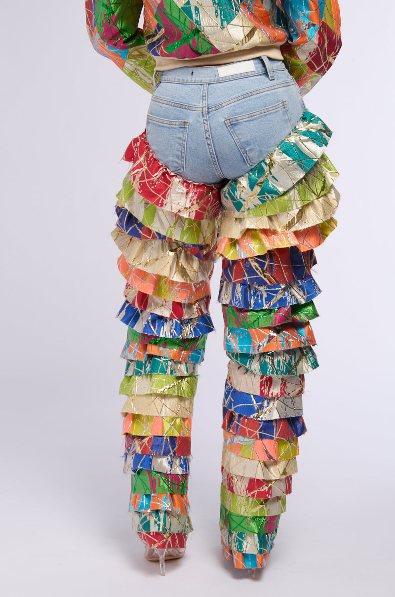 Back View Life Is But A Dream Brocade Ruffle Denim Jeans