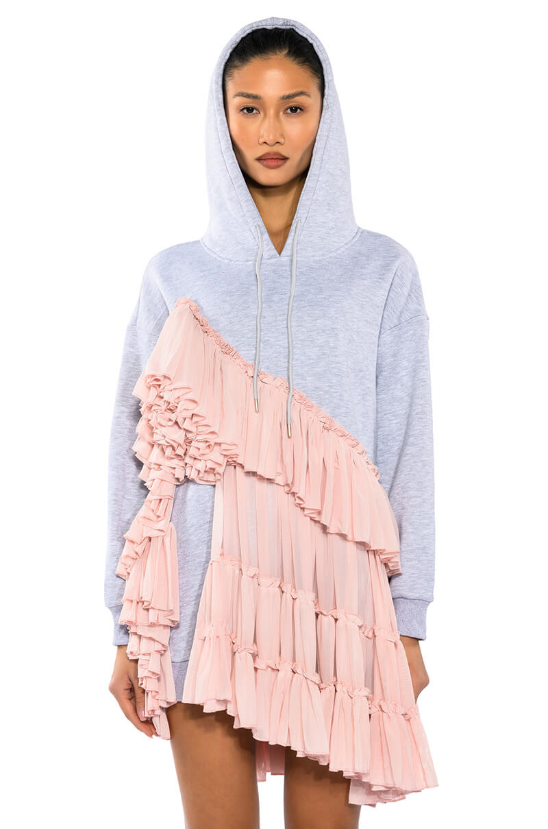 LOU LOU RUFFLE DETAIL HOODIE DRESS – AKIRA
