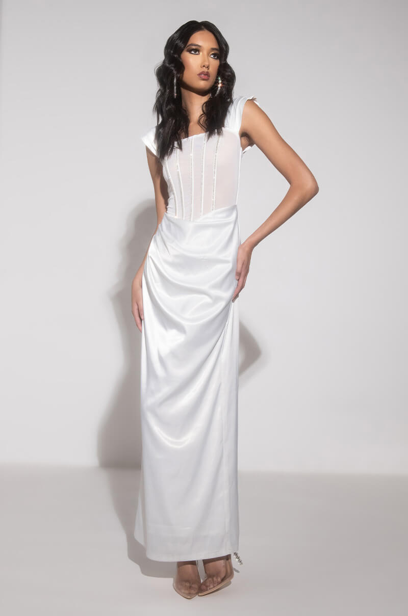 LOVE GALORE MAXI DRESS WITH MESH CORSET WHITE AKIRA LOVE GALORE MAXI DRESS WITH MESH CORSET WHITE AKIRA