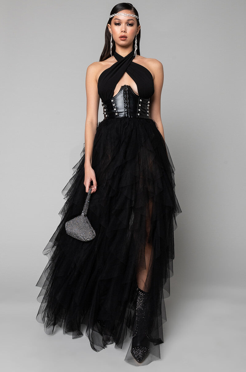 LOVE IN A HOPELESS PLACE RUFFLE DETAIL HALTER MAXI DRESS BLACK AKIRA LOVE IN A HOPELESS PLACE RUFFLE DETAIL HALTER MAXI DRESS BLACK AKIRA