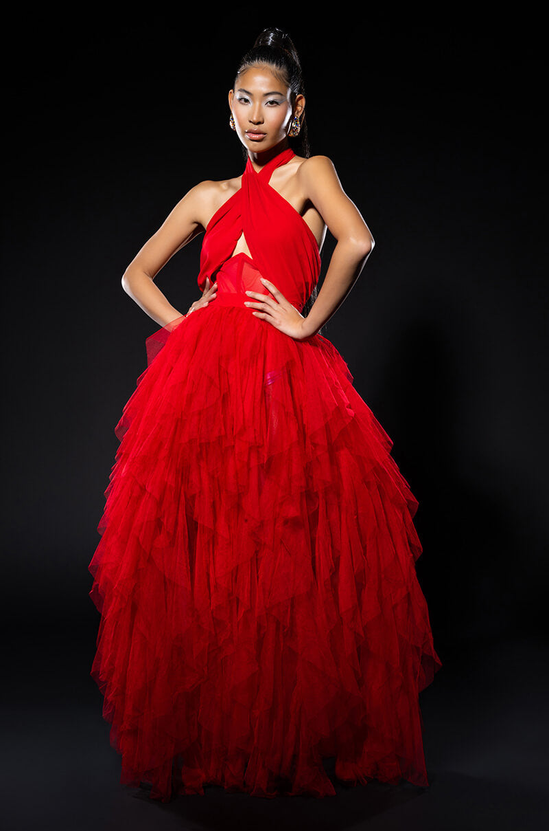 red halter maxi dress LOVE IN A HOPELESS PLACE RUFFLE DETAIL HALTER MAXI DRESS – AKIRA