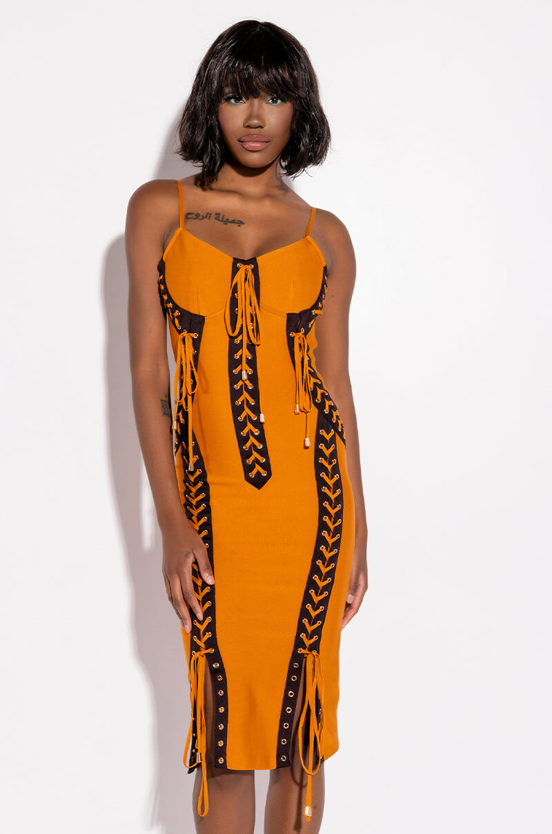 LOVE IT LACE UP MIDI DRESS DARK YELLOW AKIRA LOVE IT LACE UP MIDI DRESS DARK YELLOW AKIRA