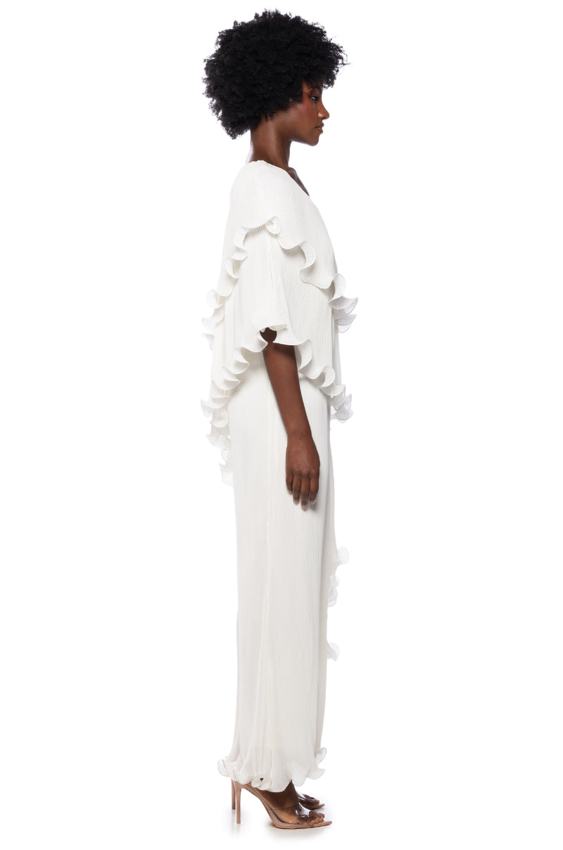 Back View Lucia Pleated Ruffle One Shoulder Jumpsuit In White