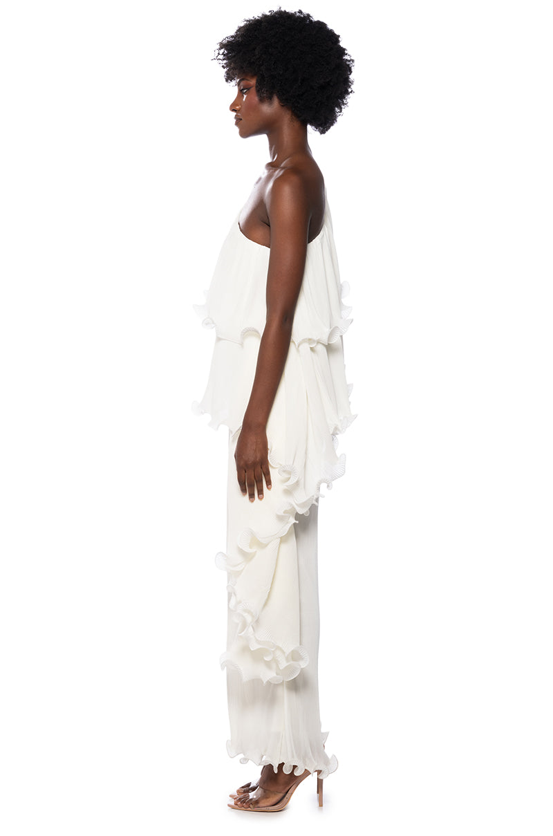 Detail View Lucia Pleated Ruffle One Shoulder Jumpsuit In White
