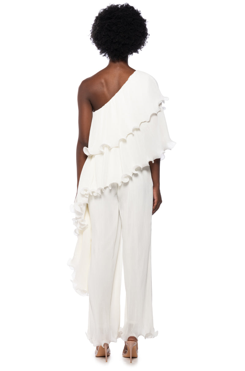 Full View Lucia Pleated Ruffle One Shoulder Jumpsuit In White