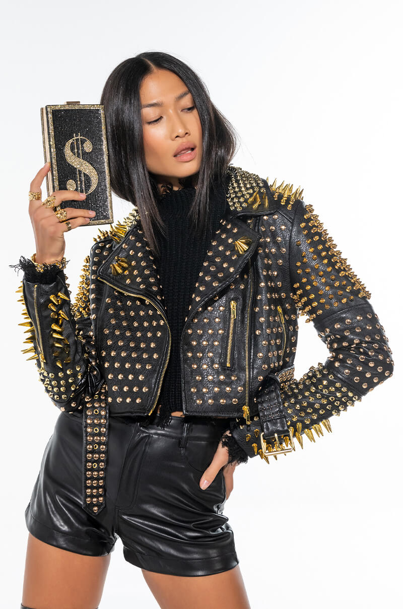 Back View Lucifer Gold Spike Stud Moto Jacket