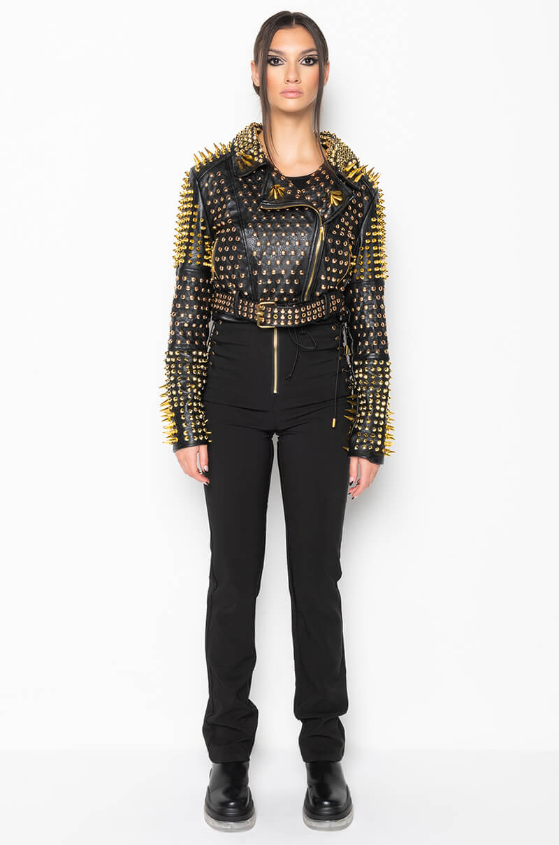 Extra View Lucifer Gold Spike Stud Moto Jacket