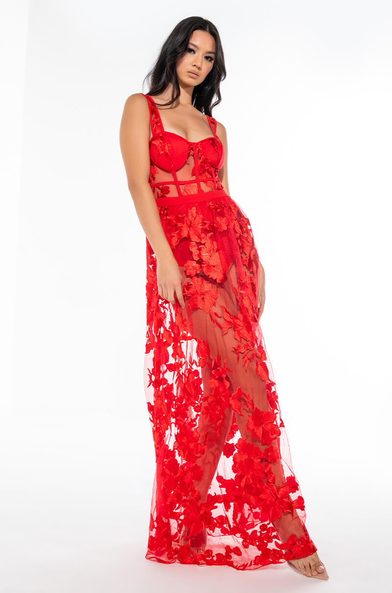 LUCY MAXI MESH DRESS WITH ATTACHED CORSET RED AKIRA LUCY MAXI MESH DRESS WITH ATTACHED CORSET RED AKIRA