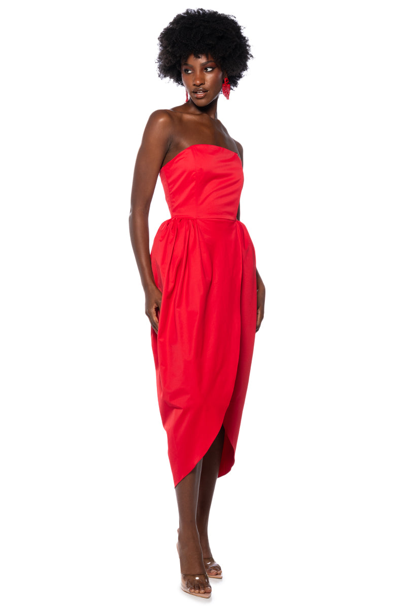 Front View Marisol Strapless Tulip Skirt Midi Dress In Red