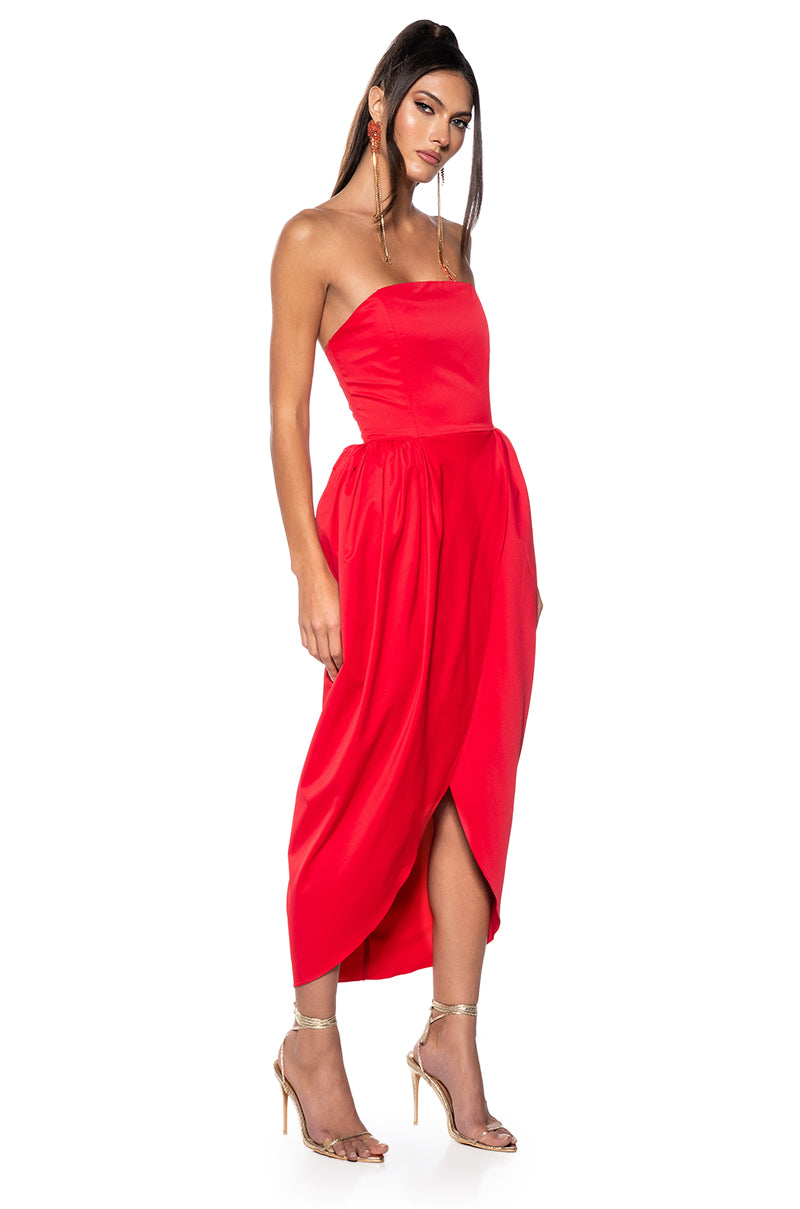 Side View Marisol Strapless Tulip Skirt Midi Dress In Red