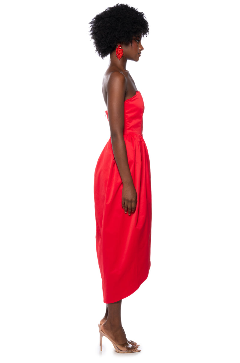 Back View Marisol Strapless Tulip Skirt Midi Dress In Red