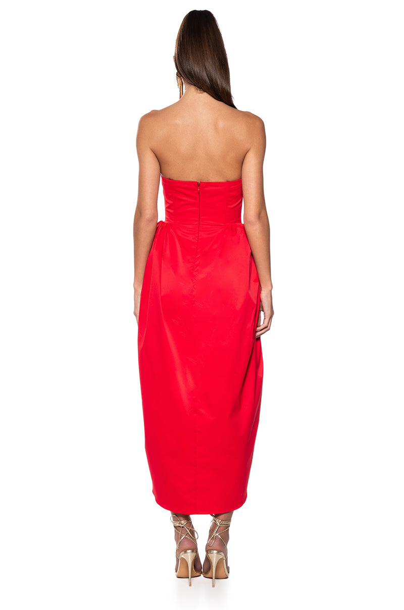 Detail View Marisol Strapless Tulip Skirt Midi Dress In Red