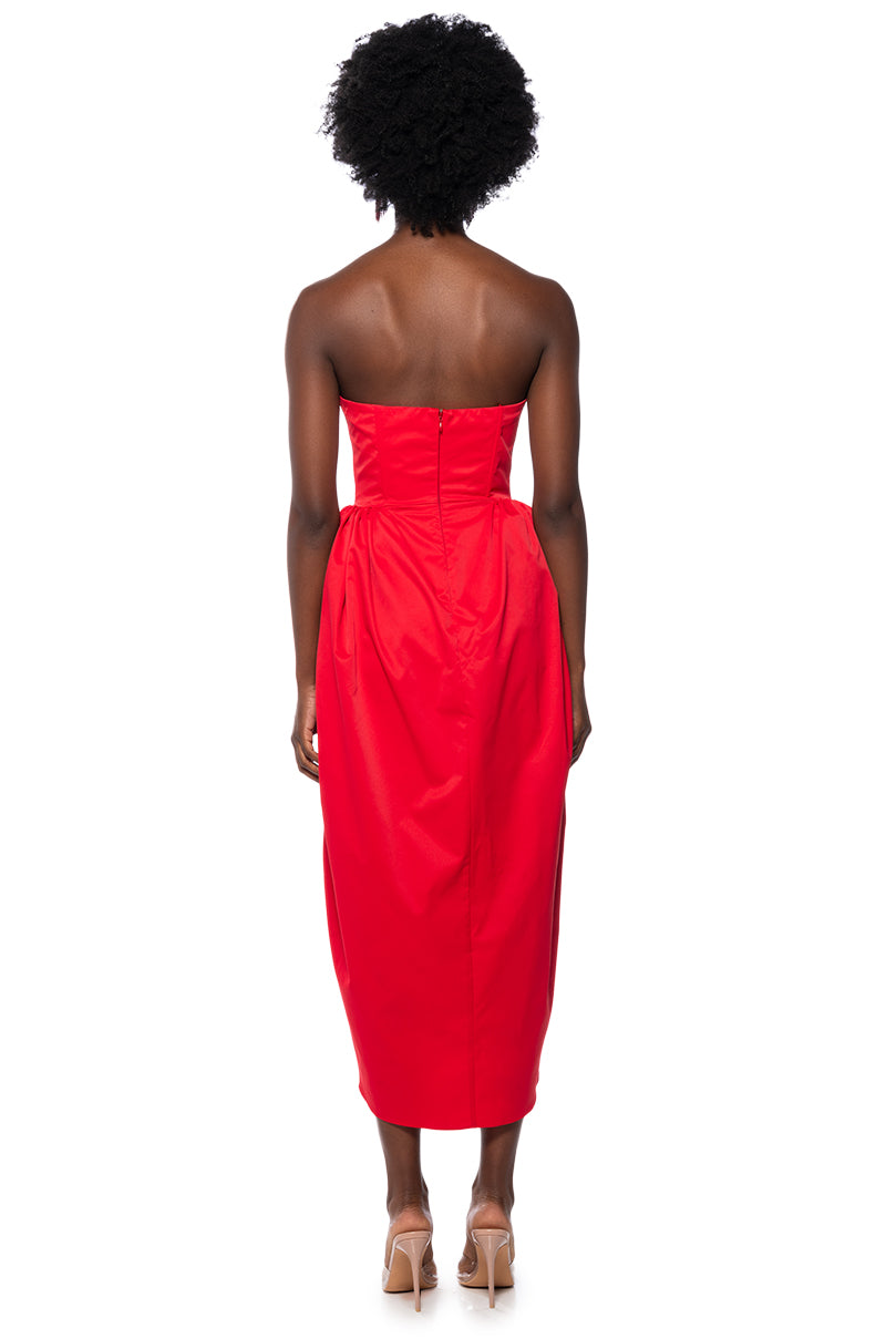 Detail View Marisol Strapless Tulip Skirt Midi Dress In Red