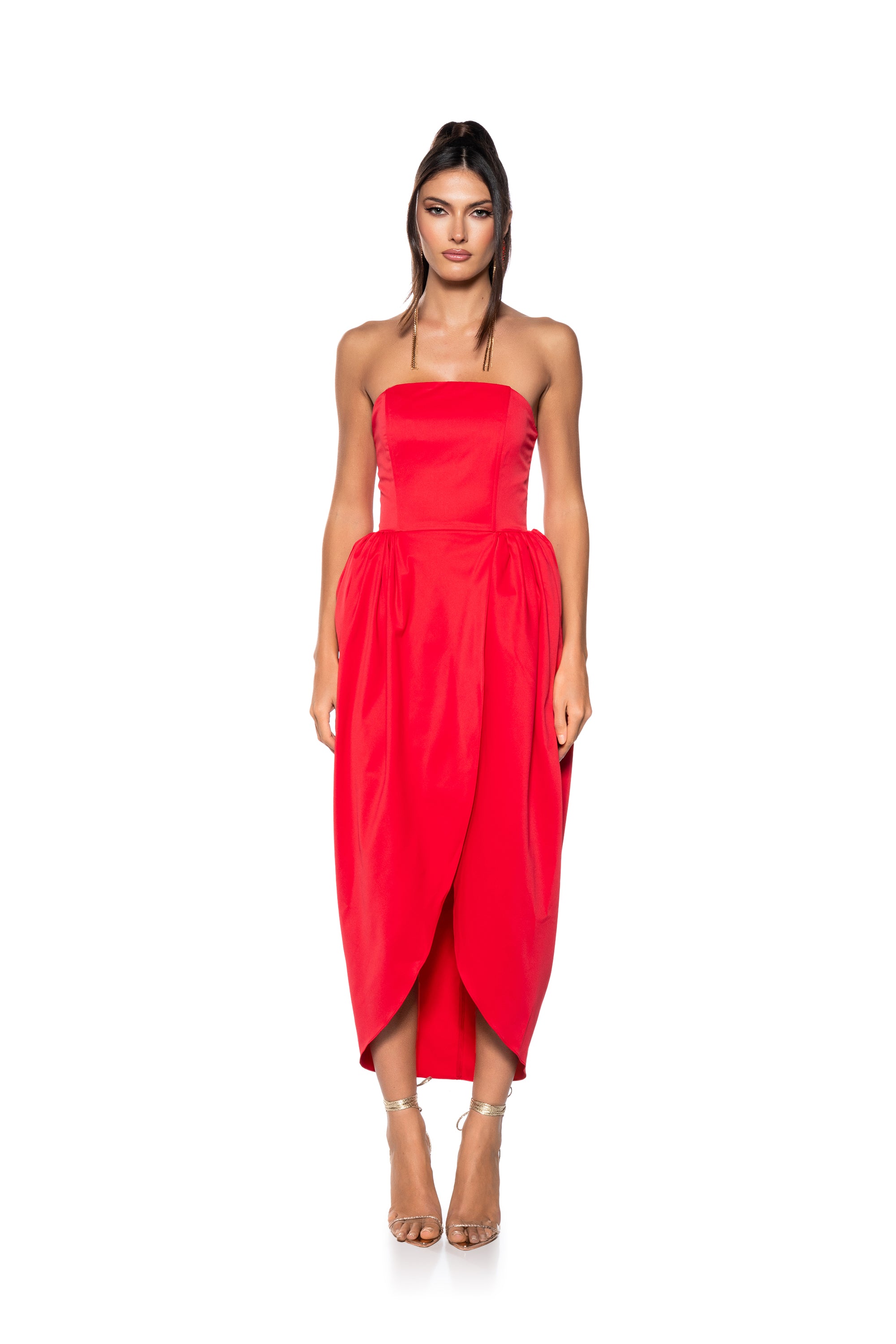 Extra View Marisol Strapless Tulip Skirt Midi Dress In Red