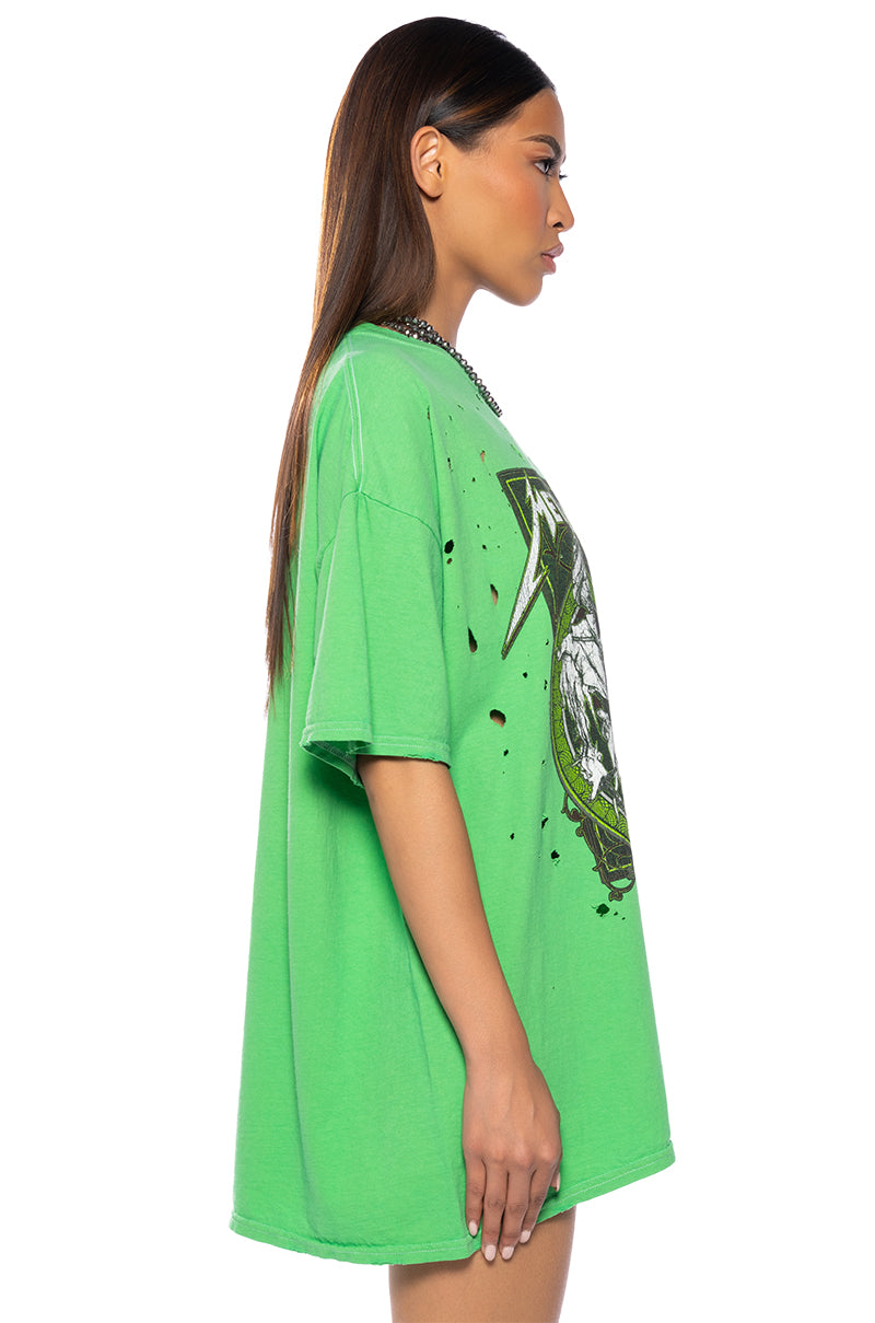 Detail View Metallica Distressed Graphic Tee In Green