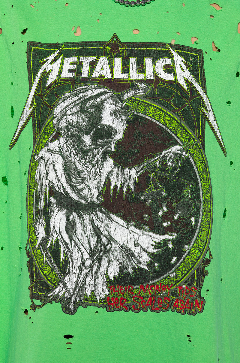 Extra View Metallica Distressed Graphic Tee In Green